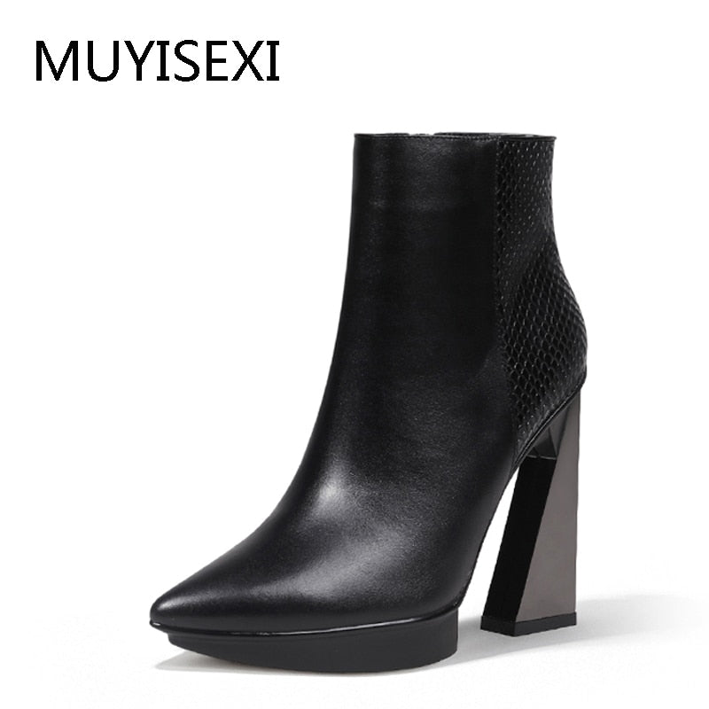 Women Boots Genuine Leather Pointed Toe 11cm High Heels Brand Designer Women Shoes