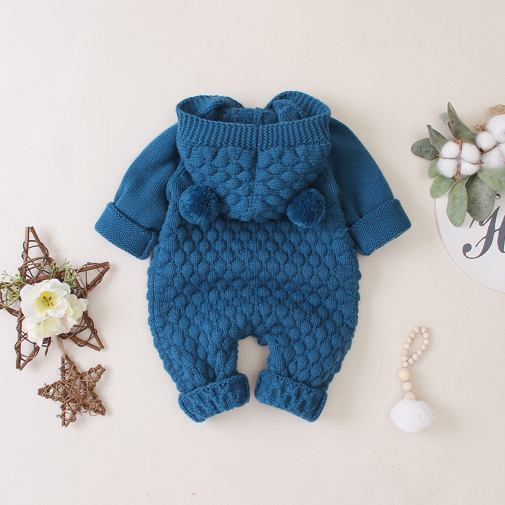 Children's three-dimensional fur ball hooded solid color knitted jumpsuit - Emete Store