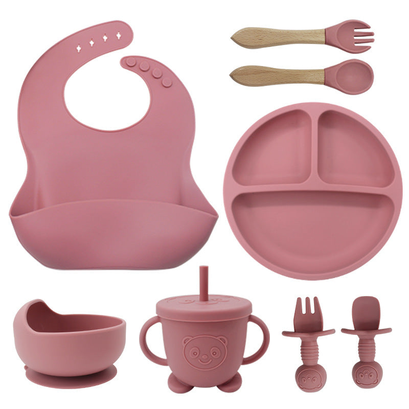 8PCS Mother and baby silicone bibs, silicone dinner plates, eight-piece set, baby food training suction cup bowl, baby divided tableware set