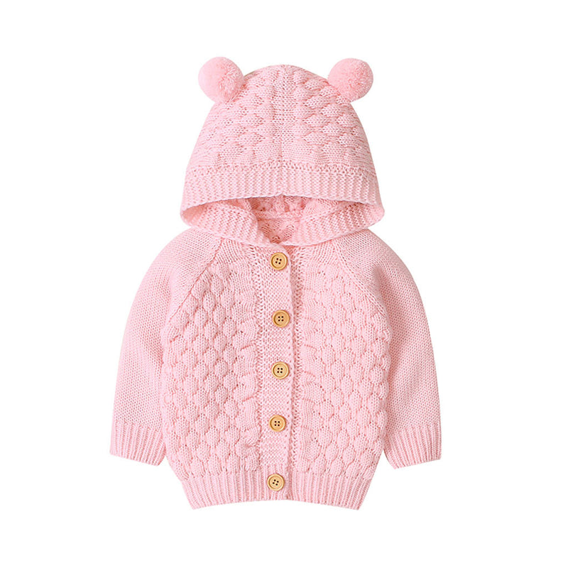 Children's solid color sweater three-dimensional wool ball hooded knitted jacket - Emete Store