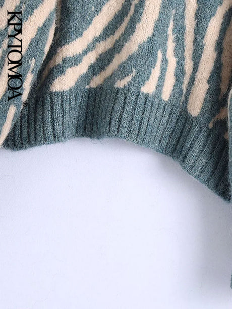 Jacquard Animal Print Loose Crop Knit Sweater Vintage O Neck Long Sleeve Female Pullovers Chic Tops - Emete Store