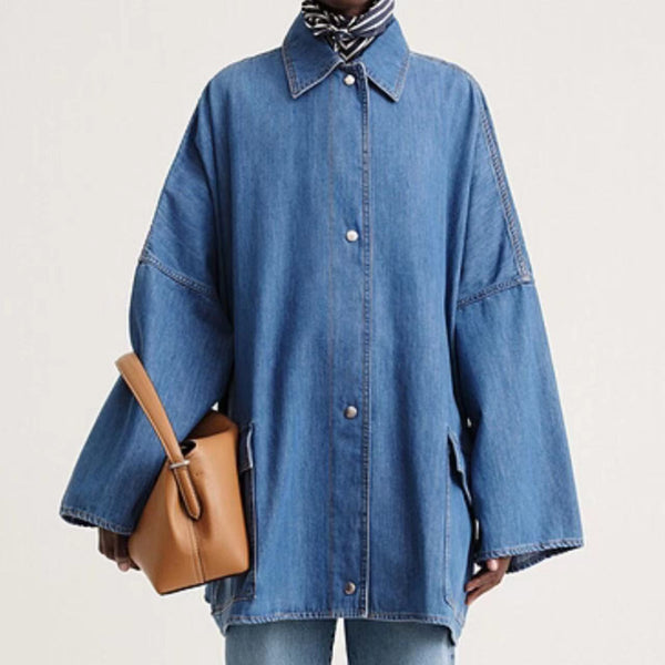 Cotton Loose Denim Coat Women's Silhouette Large Pocket Denim Shirt Long Jacket - Emete Store