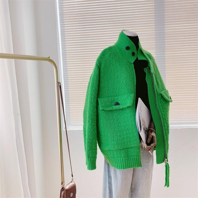 Retro Lazy Style Thickened Sweater Women's Coat New Loose Zipper Knitted Cardigan - Emete Store