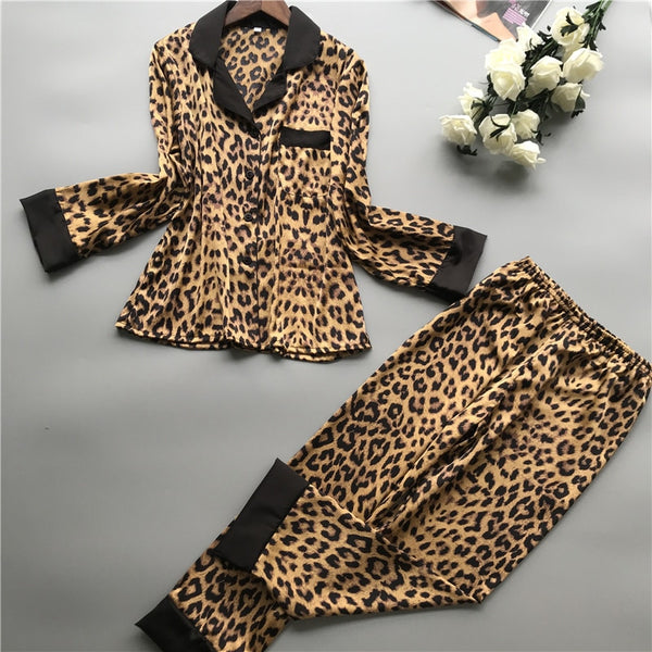 New Long Sleeve Pajamas Woman Ice Silk Fashion Leopard Print Sexy Pajama Set - Emete Store