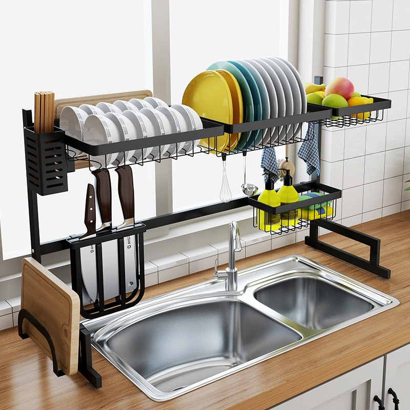 Black 65/85cm Stainless Steel Kitchen Dish Rack U Shape Sink Drain Rack Two layers Kitchen Storage Holder - Emete Store