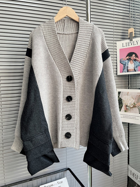 Patchwork Colorblock Knitting Open Stitch Female V Neck Long Sleeve Loose Sweaters For Woman Autumn Fashion Clothes - Emete Store