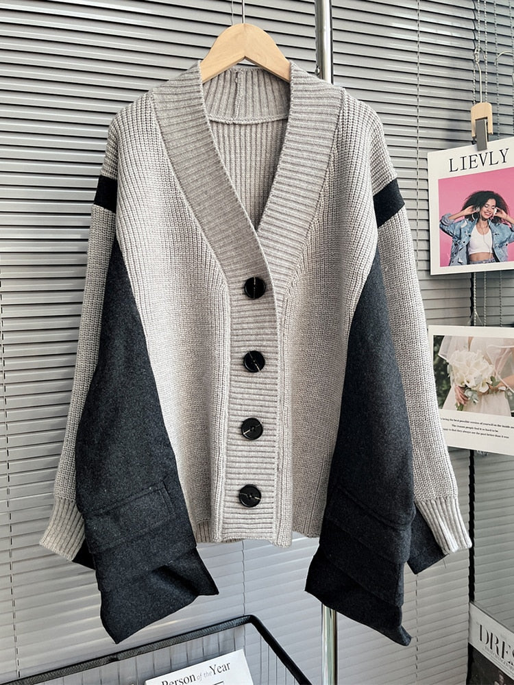 Patchwork Colorblock Knitting Open Stitch Female V Neck Long Sleeve Loose Sweaters For Woman Autumn Fashion Clothes - Emete Store