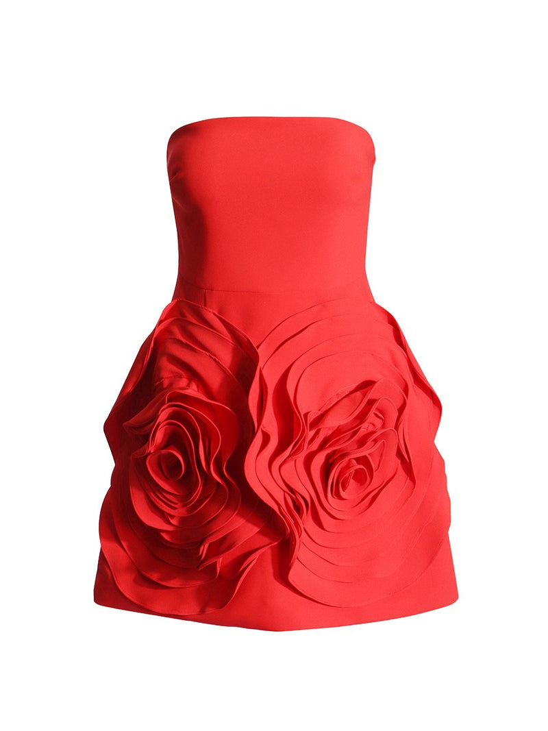 Lady style tube top A-line dress party dress three-dimensional rose large flower patchwork dress for women - emete Store