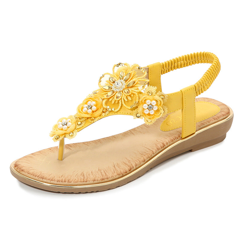 Flower Trimmed Clip-On Flat Sandals for Women - Emete Store