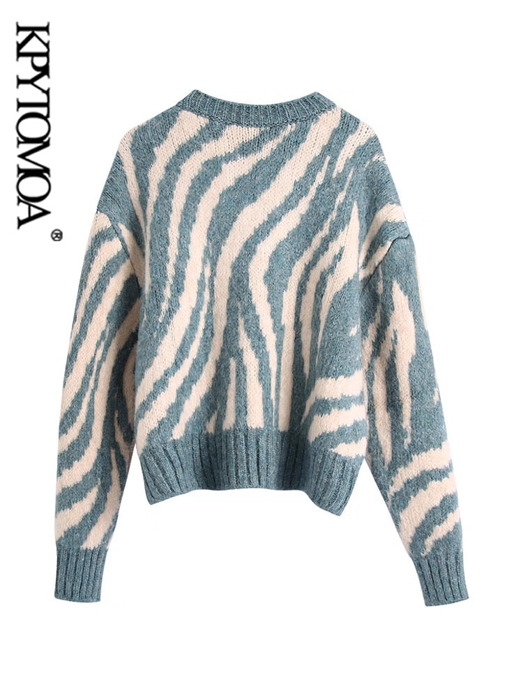 Jacquard Animal Print Loose Crop Knit Sweater Vintage O Neck Long Sleeve Female Pullovers Chic Tops - Emete Store