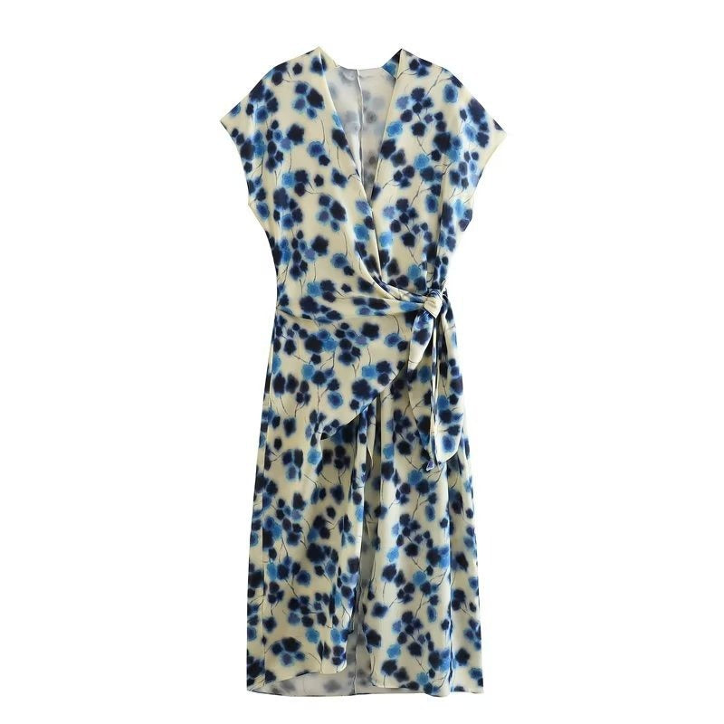 Blue Printed Split Dress for Women eprolo