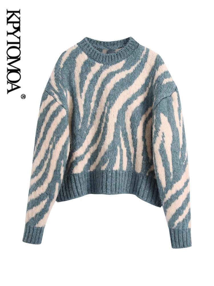 Jacquard Animal Print Loose Crop Knit Sweater Vintage O Neck Long Sleeve Female Pullovers Chic Tops - Emete Store