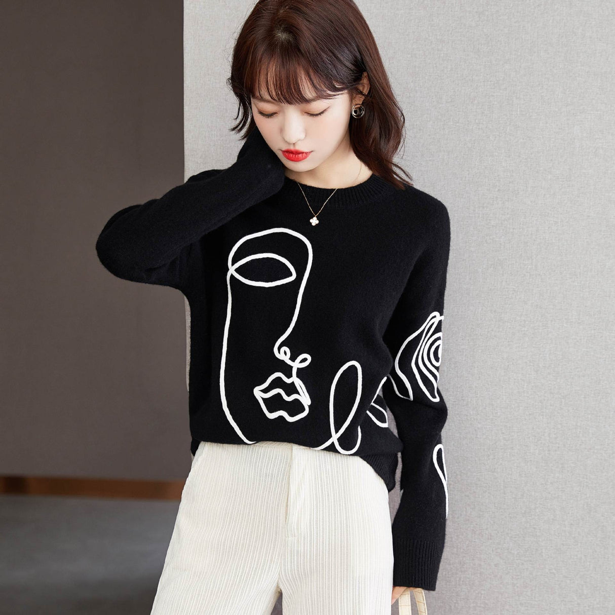 Lazy knit shirt with abstract round neck pullover and slimming sweater - Emete Store