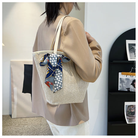 Summer Hand Held Large Capacity Straw Bag Retro Silk Scarf Woven Bag Beach Tote Bag One-Shoulder Wild Vegetable Basket Bag - Emete store