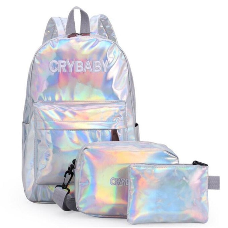 Holographic Laser Backpack Embroidered Crybaby Letters Hologram Backpack set School Bag +shoulder bags +penbags 3pcs/set