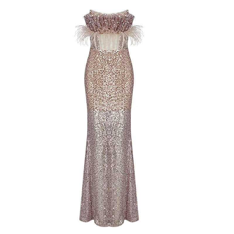 New Apricot Pink Tube Top Mesh Sequin Long Skirt Party Dress