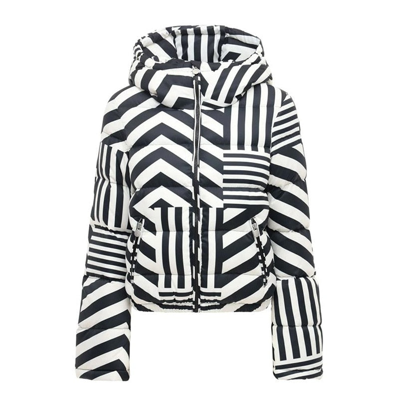 Down Jacket Winter Black And White Stripes Coat Hooded Fashion Design Down Jackets Parka Women's Short Jackets - Emete Store