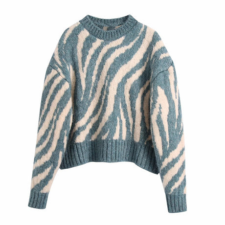 Jacquard Animal Print Loose Crop Knit Sweater Vintage O Neck Long Sleeve Female Pullovers Chic Tops - Emete Store