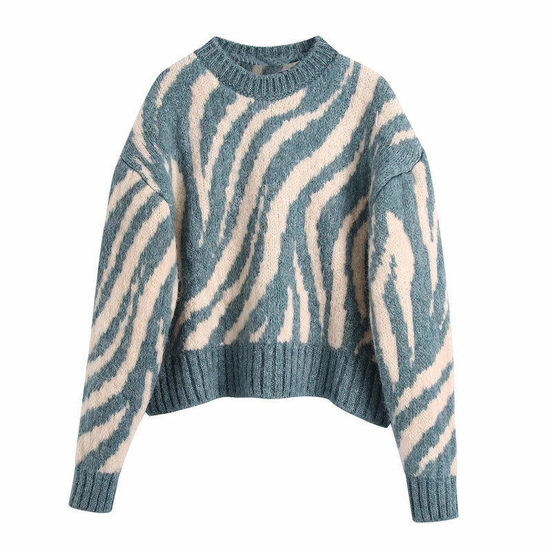 Jacquard Animal Print Loose Crop Knit Sweater Vintage O Neck Long Sleeve Female Pullovers Chic Tops - Emete Store