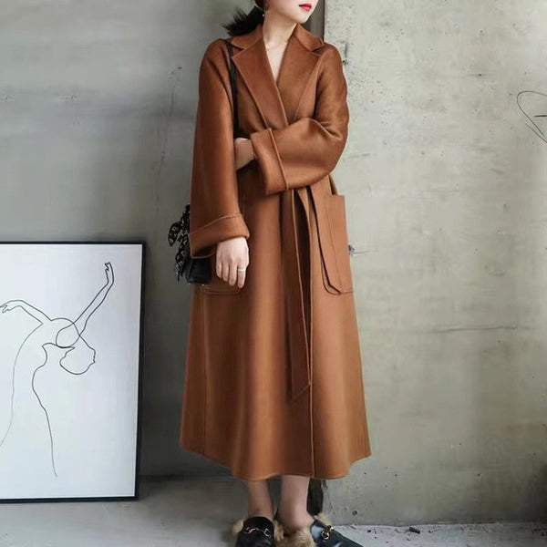 Popular High End Water Ripple Double-Sided Wool Coat Women Long Bathrobe Style Autumn Winter Coat For Female