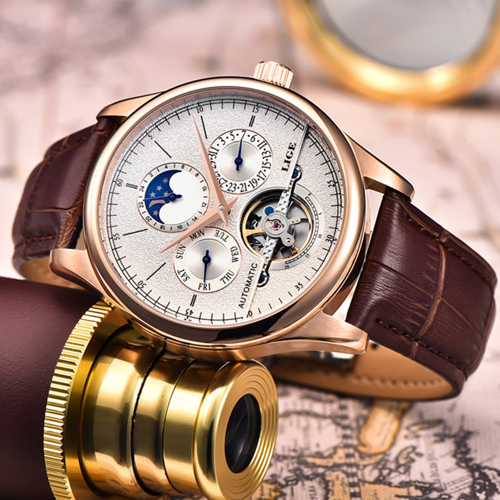 LIGE Brand Men Watches Automatic Mechanical Watch Tourbillon Sport Clock Leather Casual Business Retro Wristwatch Relojes Hombre - Emete store