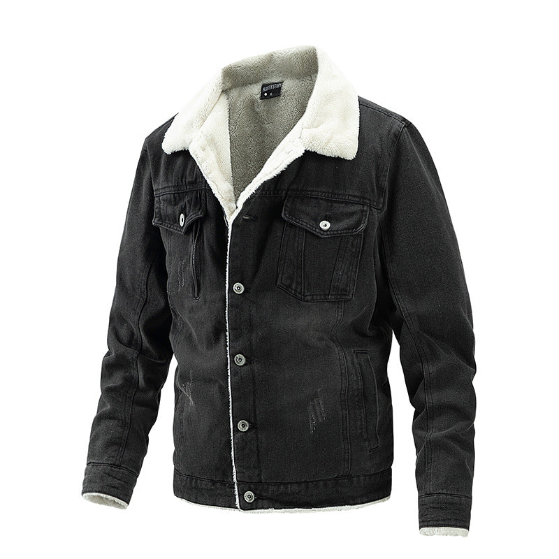 Denim jacket for men in autumn and winter, with added velvet and thick cotton jacket, plus plus large denim jacket