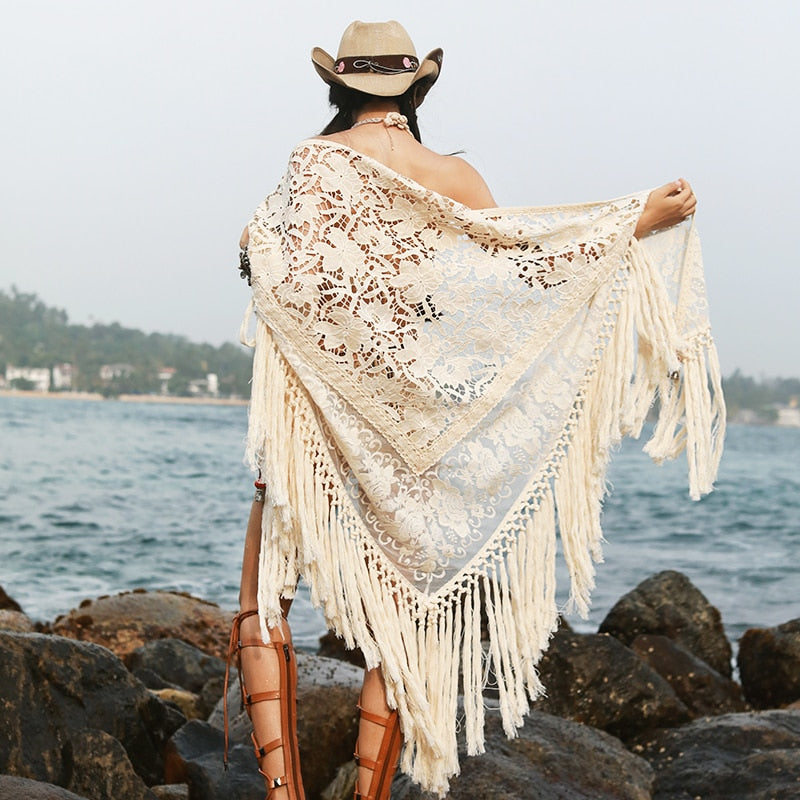 Light Fringed Shawl With Tassels Summer Sun Protection Beach Vacation Hollowed Out Lace Sun Protection Shirt For Women Medium Length - Emete Store