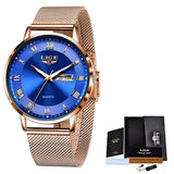 LIGE Ultra Thin Ladies Quartz Watch Classic Women's Watch Dual Calendar Waterproof Watch Milan Mesh Strap Watch - Emete store