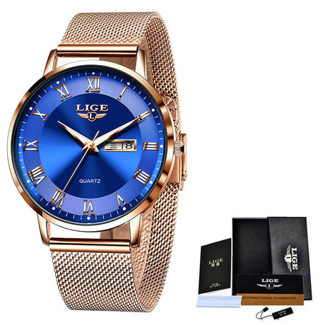 LIGE Ultra Thin Ladies Quartz Watch Classic Women's Watch Dual Calendar Waterproof Watch Milan Mesh Strap Watch - Emete store
