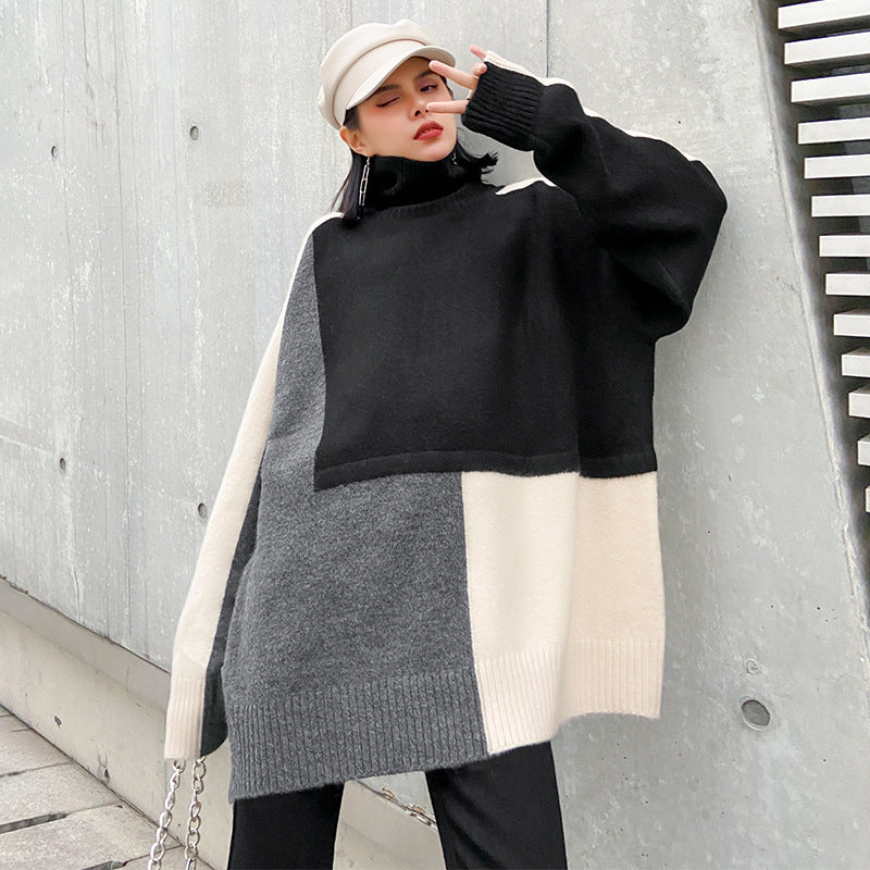 Turtleneck Sweater Women's Autumn And Winter New Large Size Loose Contrast Color Knitted Sweater Top