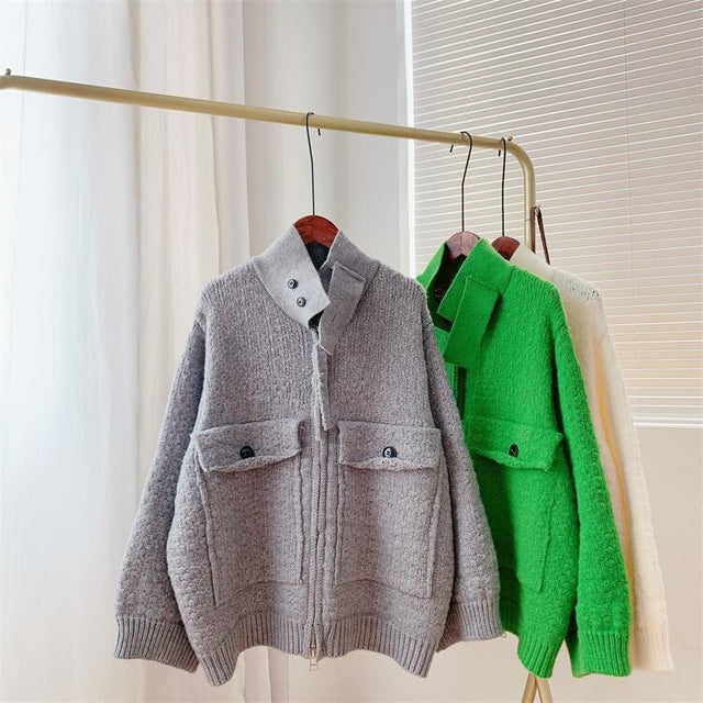 Retro Lazy Style Thickened Sweater Women's Coat New Loose Zipper Knitted Cardigan - Emete Store