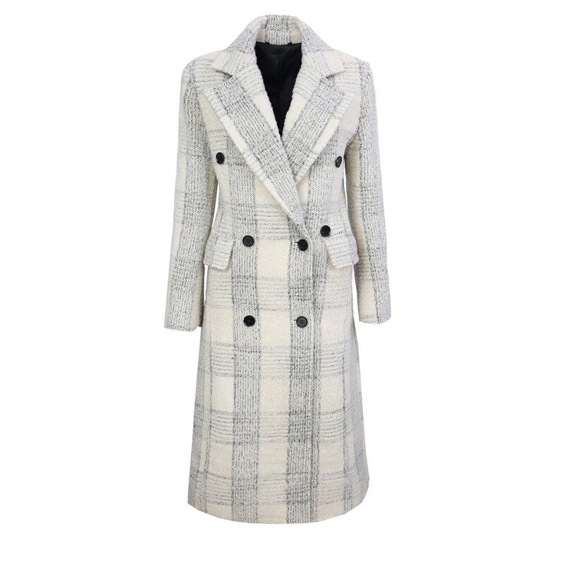 Loose Fit White Plaid Elegant Long Woolen Coat Parkas New Long Sleeve Women Fashion Trend Autumn Winter - Emete Store