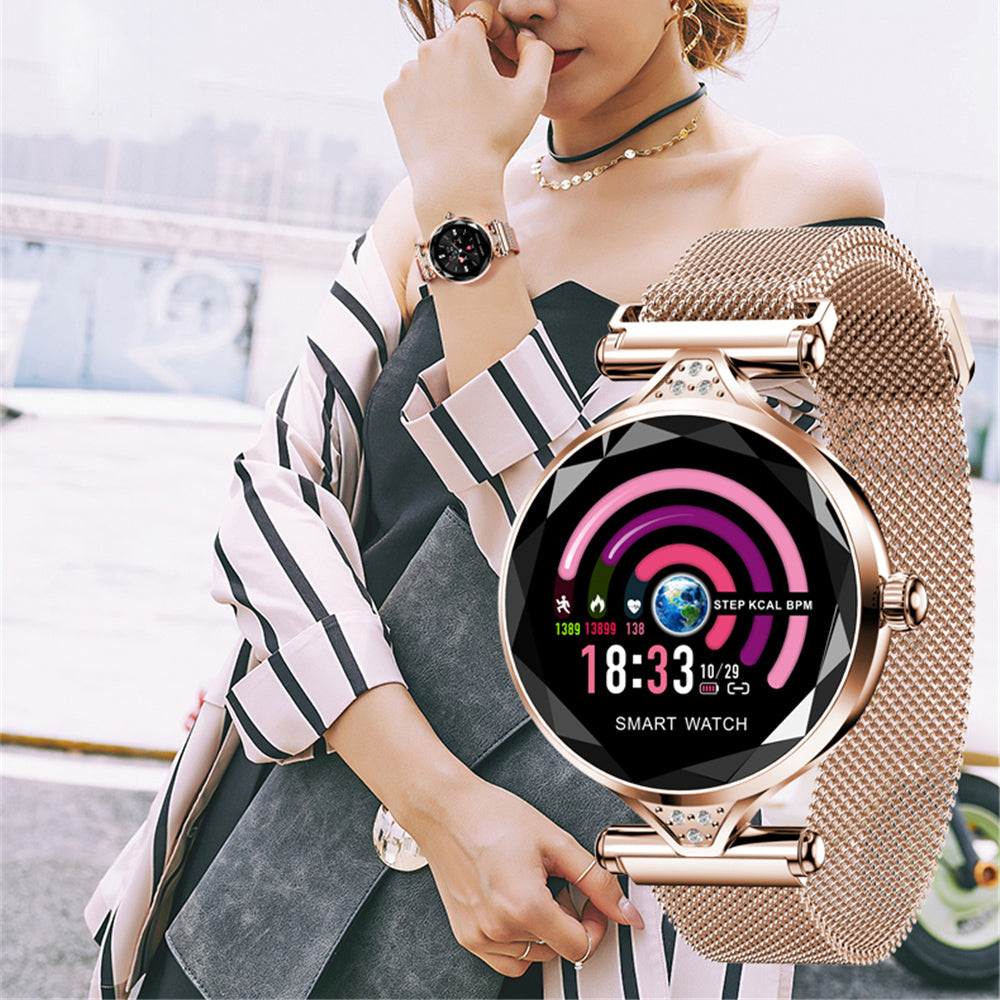 H1 Women Fashion Smart Watch Blood Pressure Heart Rate Monitor Fitness Tracker Bracelet Smartwatch Diamond Flower Color Screen - Emete store