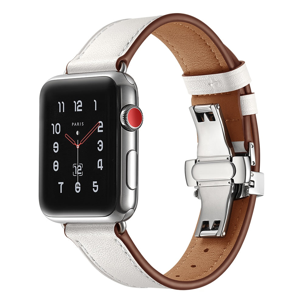 Stainless steel butterfly buckle leather strap for apple watch band 38mm 42mm iwatch series 4 3 2 1 wrist bracelet accessories - Emete store