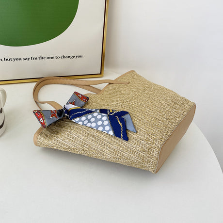 Summer Hand Held Large Capacity Straw Bag Retro Silk Scarf Woven Bag Beach Tote Bag One-Shoulder Wild Vegetable Basket Bag - Emete store