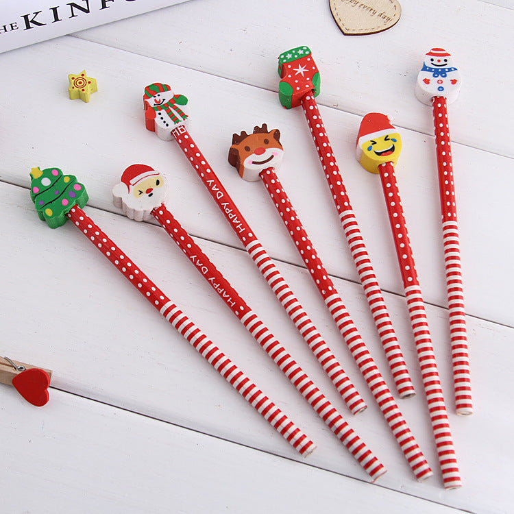 Christmas Stationery 5pcs/lot Santa Claus Snowman Tree Pencil with Eraser Cap for School Office Supplies