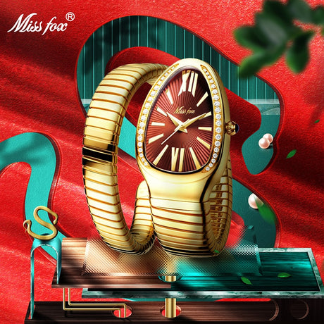 MISSFOX 1221 Women's Watches Snake Shape Luxury Wrist Watch For Women Steel Unique Gold Quartz Ladies Watch Clock Relogio Feminino - Emete store