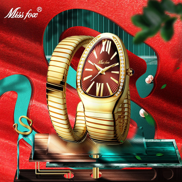 MISSFOX 1221 Women's Watches Snake Shape Luxury Wrist Watch For Women Steel Unique Gold Quartz Ladies Watch Clock Relogio Feminino - Emete store