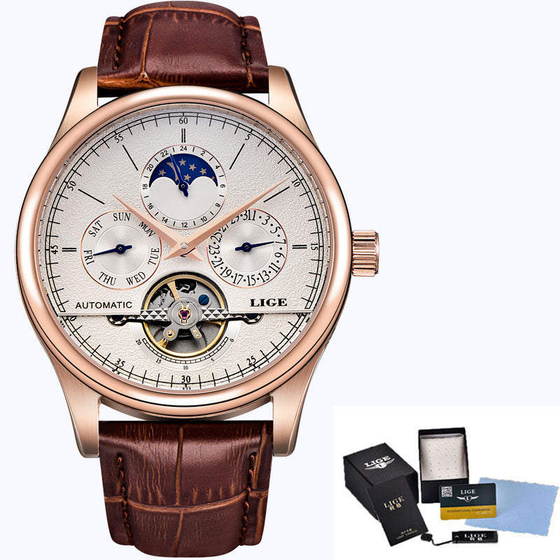 LIGE Brand Men Watches Automatic Mechanical Watch Tourbillon Sport Clock Leather Casual Business Retro Wristwatch Relojes Hombre - Emete store
