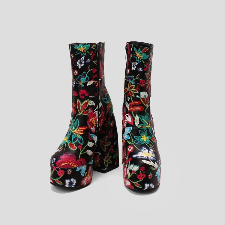 Embroidered Thick-Heeled Winter Ankle Boots eprolo