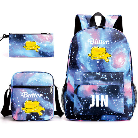 Bulletproof Youth League Butter Shoulder Starry School Bag Backpack Student Large Capacity Small Shoulder Bag Pencil Bag Three-Piece Set - Emete store