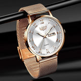 LIGE Ultra Thin Ladies Quartz Watch Classic Women's Watch Dual Calendar Waterproof Watch Milan Mesh Strap Watch - Emete store