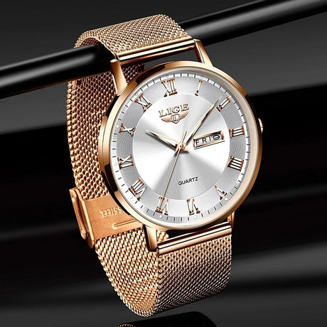 LIGE Ultra Thin Ladies Quartz Watch Classic Women's Watch Dual Calendar Waterproof Watch Milan Mesh Strap Watch - Emete store