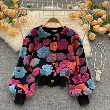 French Retro Three-Dimensional Flower Temperament Slim Cardigan Short Coat Women Fashion - Emete Store