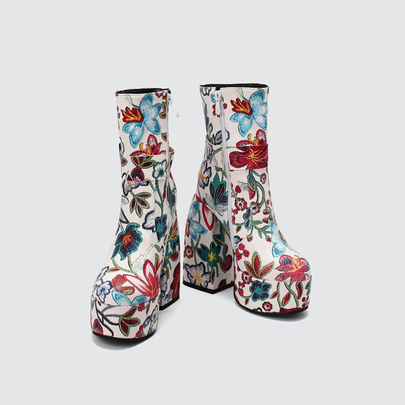 Embroidered Thick-Heeled Winter Ankle Boots - Emete Store