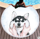 Round Beach Towel For Kids With Tassel Blanket Husky Printed Microfiber Bath Towel Large 150cm Yoga Mat Blanket