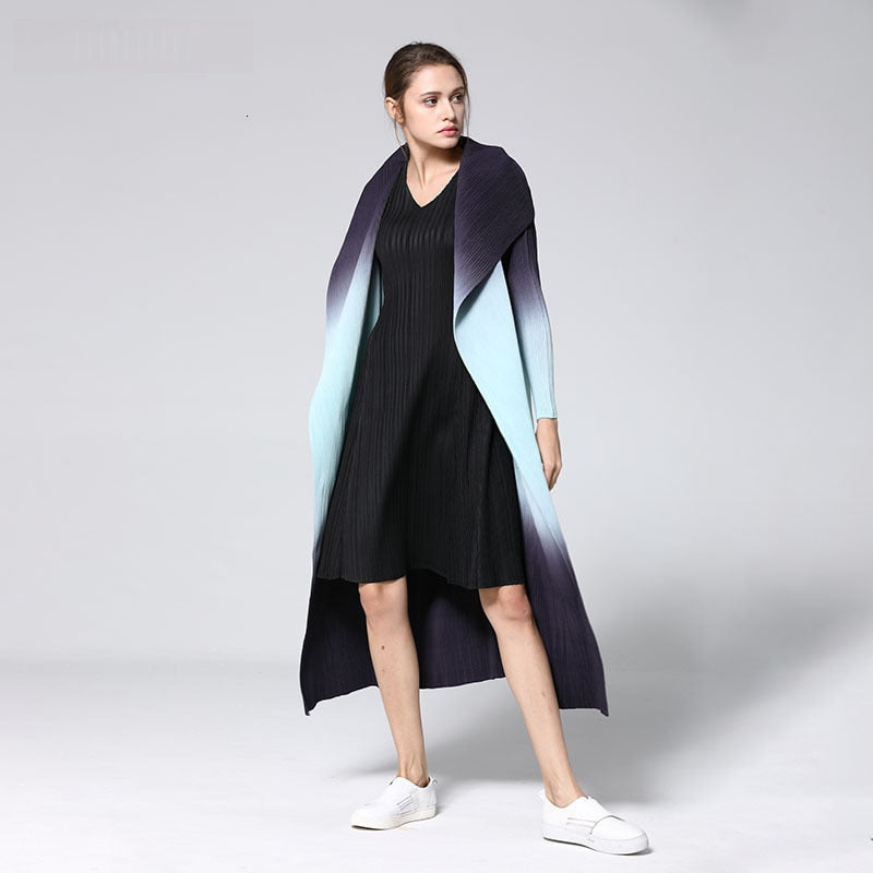 Pleated Leisure Long Sleeve Cardigan Large Lapel Gradient Color Slim Women's Trench Coat - Emete Store