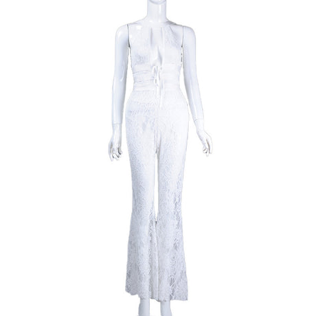 Hollow Lace Jumpsuit Sleeveless Lace Flared Trousers - Emete Store