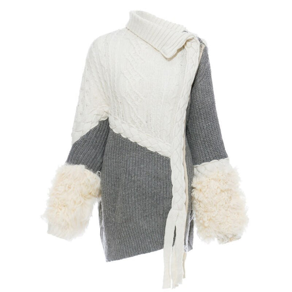 Asymmetrical Split Fur Big Size Knitting Sweater Loose Fit  Long Sleeve Women New Fashion Trend Spring Autumn