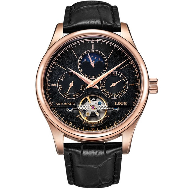 LIGE Brand Men Watches Automatic Mechanical Watch Tourbillon Sport Clock Leather Casual Business Retro Wristwatch Relojes Hombre - Emete store